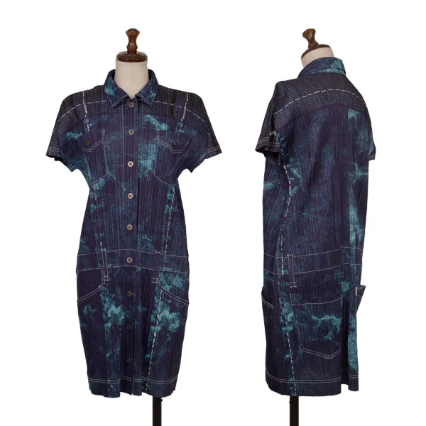 PLEATS PLEASE Denim Printed Short Sleeve Shirt Tunic Navy 3 K-172506_001