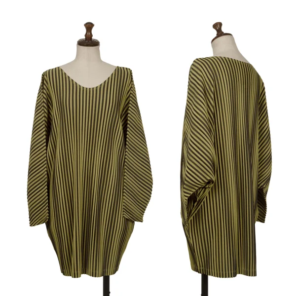 PLEATS PLEASE Bicolor Striped Wide Top Black,Mustard 3 K-172508_001