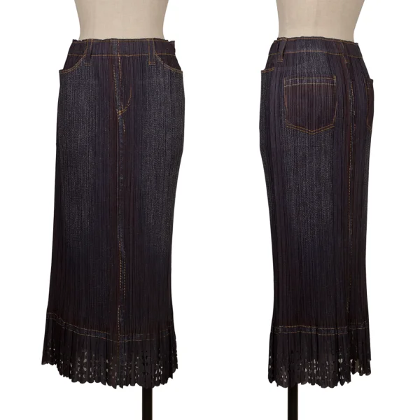 PLEATS PLEASE Denim Transfer Print Hem Cutting Skirt Navy 2 K-172518_001