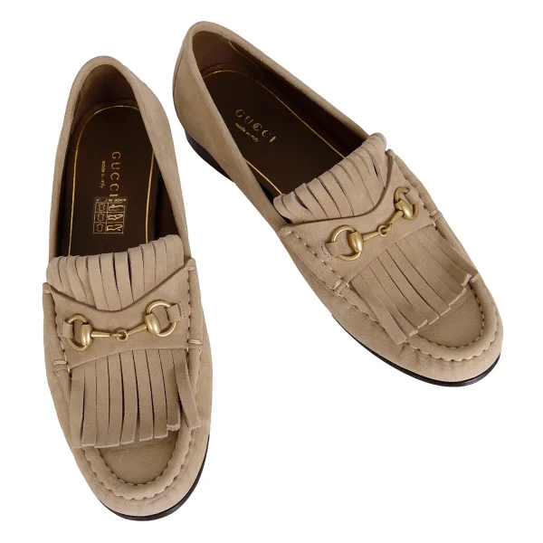 GUCCI Horsebit Fringe Suede Shoes Beige 36.5 K-172541_001