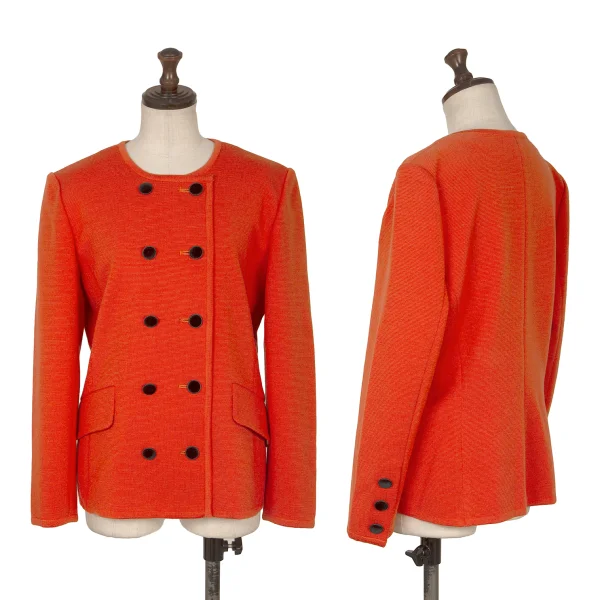 Yves Saint Laurent Wool Double Button Collarless Knit Jacket Orange M K-172556_001