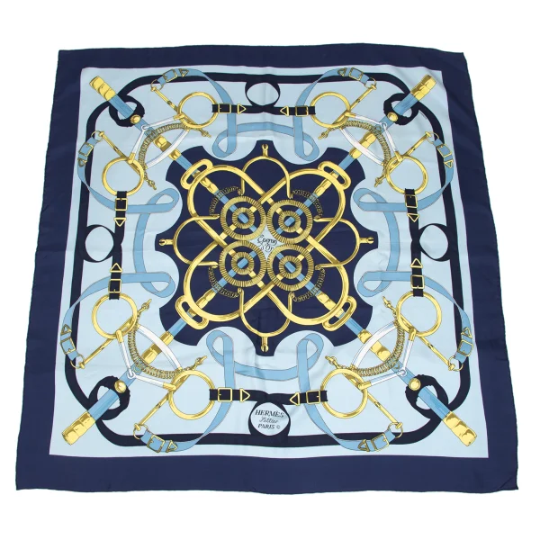 HERMÈS Carré 90 Éperon d’Or Golden Spurs Silk Scarf Sky blue  K-172619_001