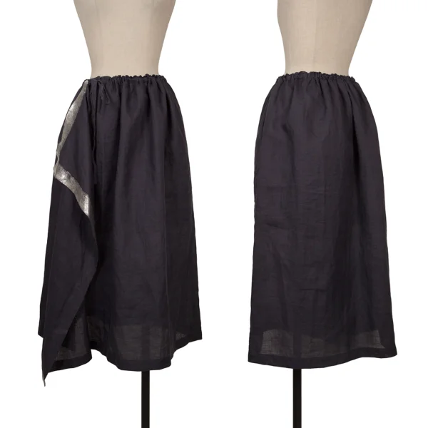 Yohji Yamamoto FEMME Foil Print Draped Wide Waist Linen Skirt Navy 1 K-172628_001