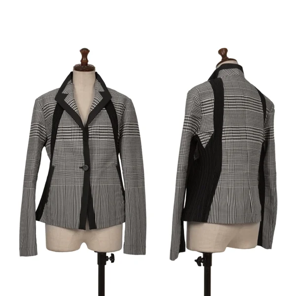 ISSEY MIYAKE Poly Blend Pleats Switching Glen Check Jacquard Jacket White,Black 2 K-172666_001