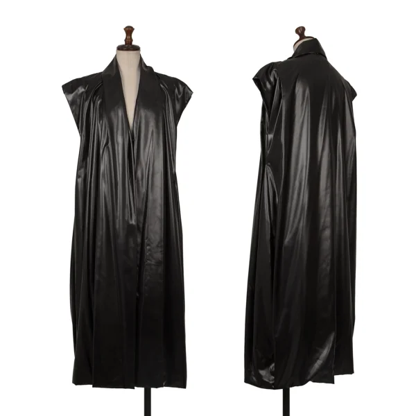 ISSEY MIYAKE Poly Tuck Shiny Sleeveless Shawl Collar Coat Black 2 K-172669_001