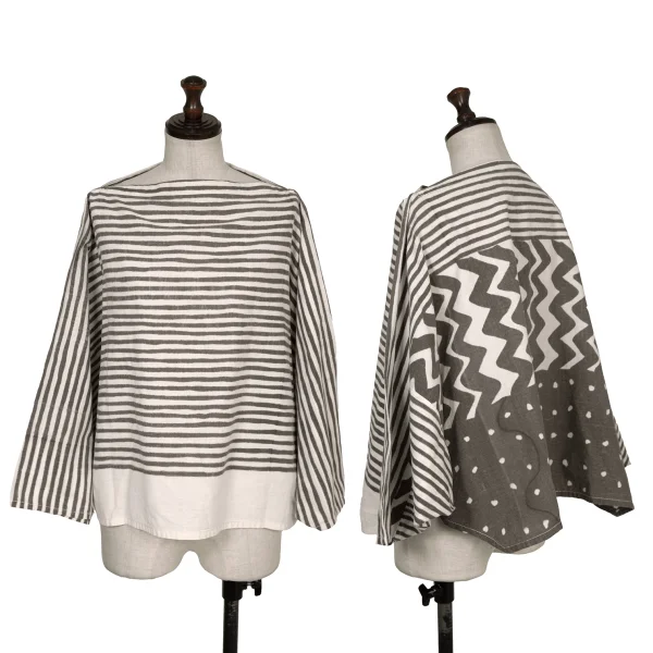 ISSEY MIYAKE Cotton Linen Line Printed Top White,Charcoal 9 K-172674_001
