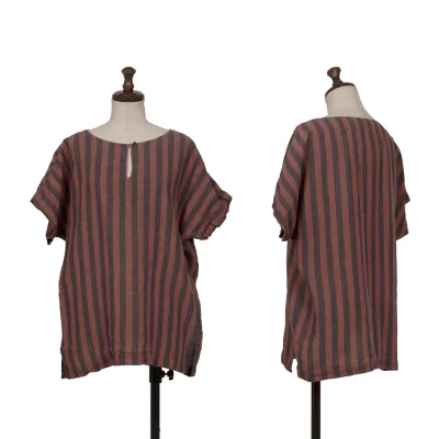 ISSEY MIYAKE PERMANENTE Stripe Short Sleeve Pullover Blouse