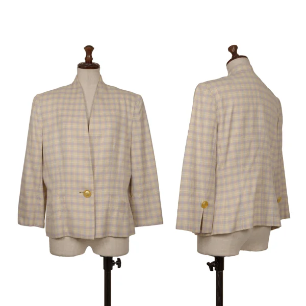 Christian Dior Cotton Silk Collarless Check Jacket Beige,Purple 11 K-172710_001