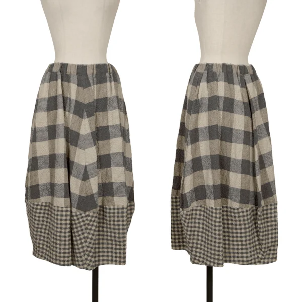 gomme Cotton Wool Wrinkle Check Skirt Beige,Grey S-M K-172738_001