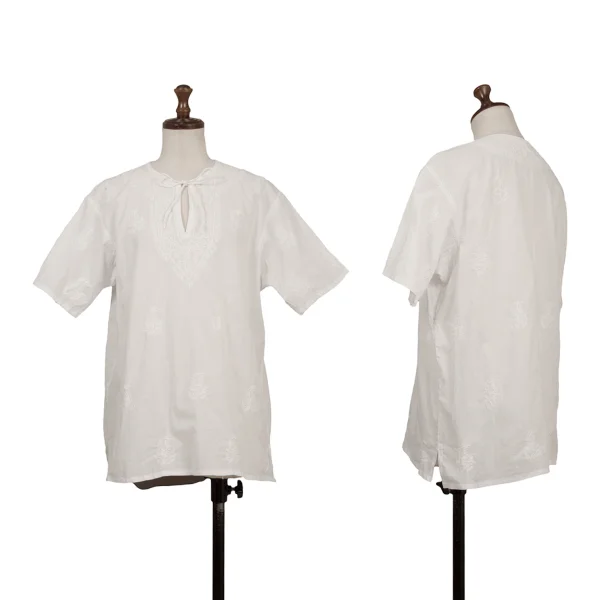 ISSEY MIYAKE HaaT Cotton Embroidered Neck Tie Blouse White 2 K-172898_001