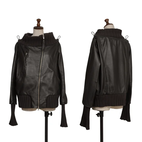 TSUMORI CHISATO Gathered Neck Lamb Leather Blouson Black 2 K-172963_001