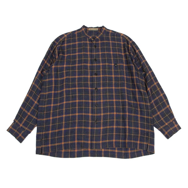 ISSEY MIYAKE MEN Rayon Blend Mandarin Collar Plaid Shirt Navy,Brown M K-172974_001