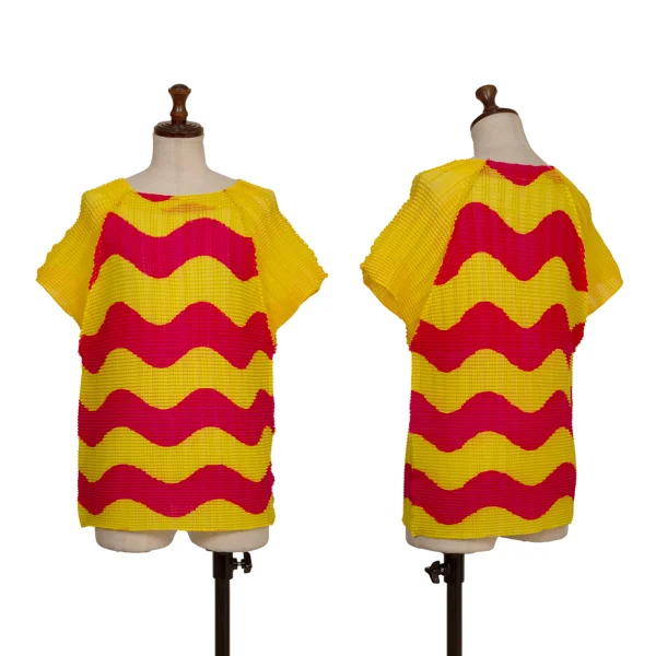 ISSEY MIYAKE Stretch Pleats Wave Graphic Print T Shirt Yellow,Pink S-M K-172991_001
