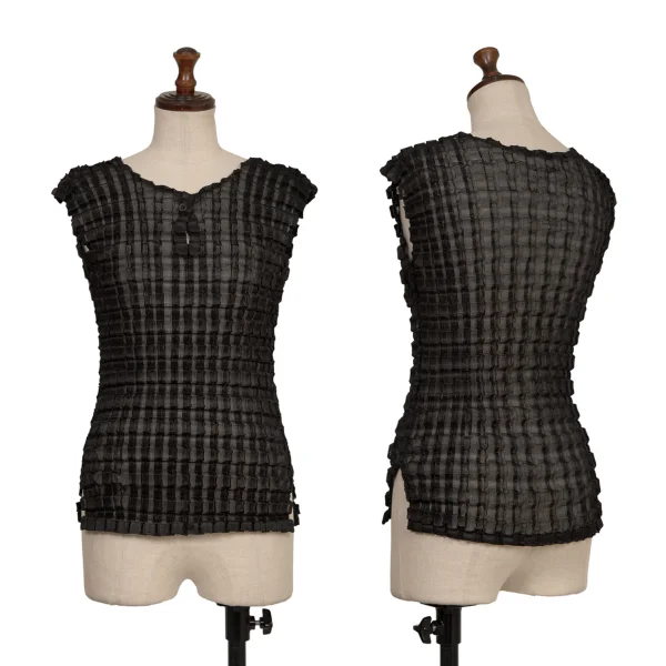 Unbranded Pleated Sleeveless Henley Neck Top Black S-M K-172992_001
