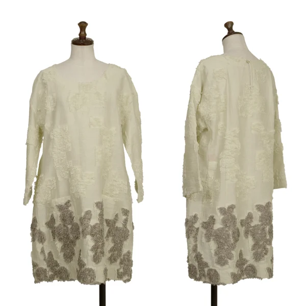 ISSEY MIYAKE HaaT Cotton Nylon Brushed Patch Design 3/4 Sleeve Tunic Cream,Grey 3 K-173022_001