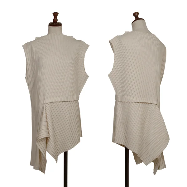 ISSEY MIYAKE Switching Design Asymmetry Pleats Sleeveless Tunic Beige 2 K-173038_001