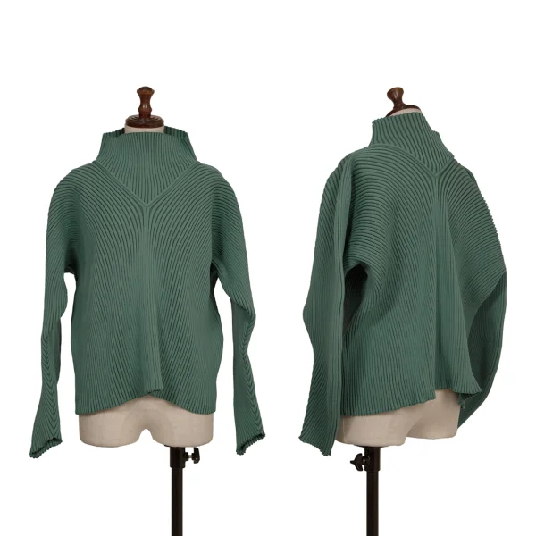 ISSEY MIYAKE Poly Switching High-neck Curve Sleeve Rib Knit Top Green 2 K-173039_001