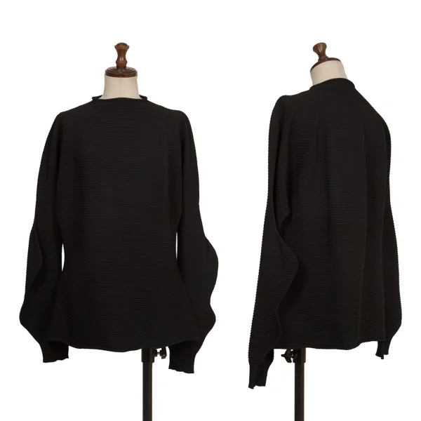 ISSEY MIYAKE Rayon Nylon Rib Design Asymmetry Sleeve Top Black 2 K-173040_001