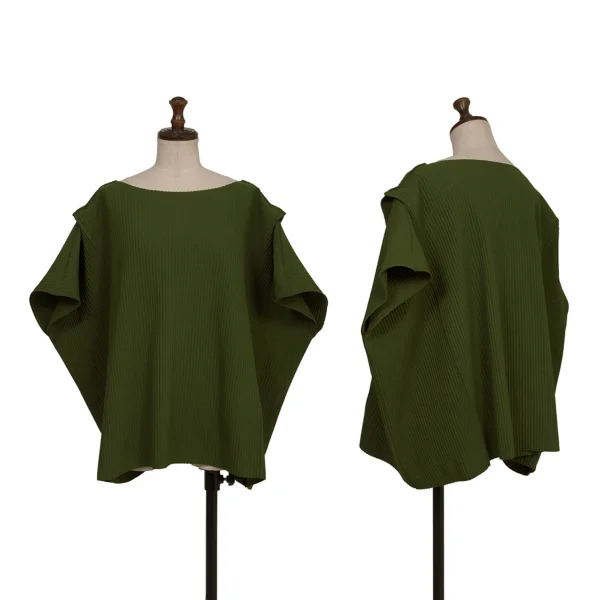 ISSEY MIYAKE me Fine-knit Pleats Fold-over Design Sleeveless Top Green F K-173048_001