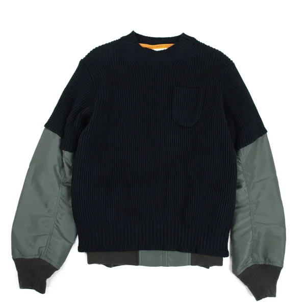 sacai Nylon Twill Docking Pullover Knit Sweater Khaki,Navy 1 K-173106_001