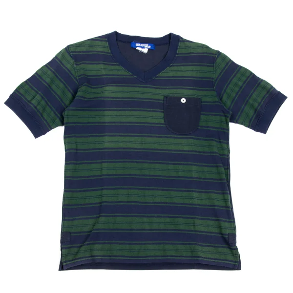 JUNYA WATANABE MAN COMME des GARCONS Piqué Striped V-Neck Short Sleeve T-Shirt Green,Navy S K-173152_001