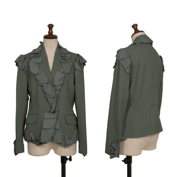 ISSEY MIYAKE Cotton Nylon Frill Design Stripe Jacket Khaki 3 K-173174_001