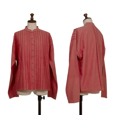 ASHA BY MDS Tuck Design Stripe Switching Band-collar Blouse