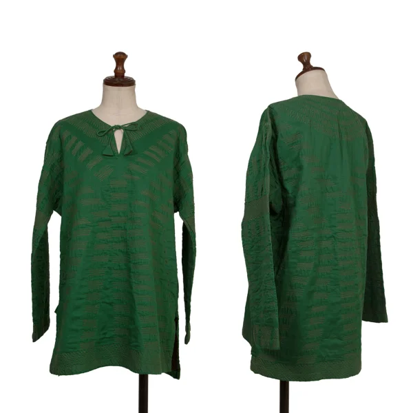 ASHA BY MDS Graphic Stitch Cord-neck Skipper Blouse Green M K-173191_001
