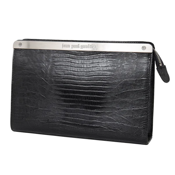 Jean Paul GAULTIER Metal Plate Crocodile Emboss Clutch Bag Black  K-173207_001
