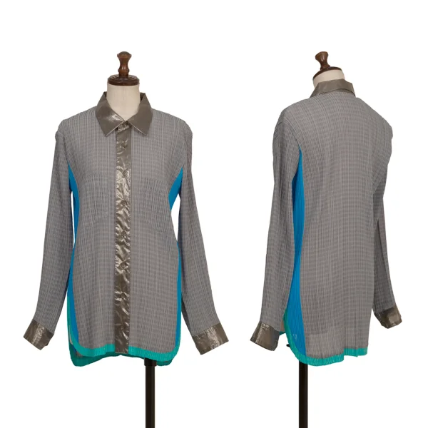 ISSEY MIYAKE Shiny Switching Plaid Pleated Blouse Grey,Blue,Sky blue M K-173271_001