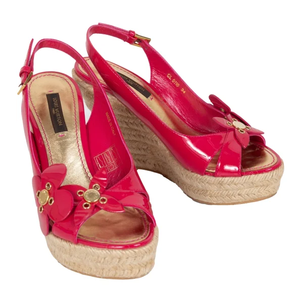 Louis Vuitton Floral Patent Leather Jute Wedge Sandal Pink 34 K-173281_001