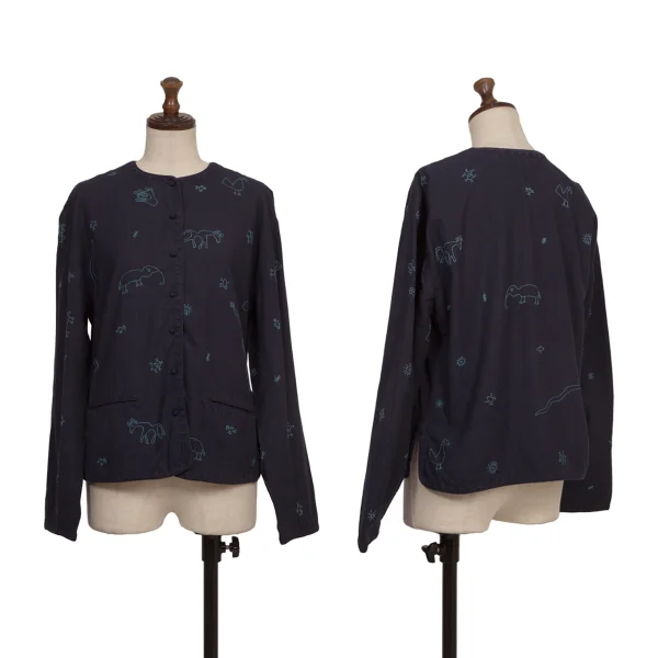 ASHA BY MDS Zigzag Animal Stitching Collarless Jacket Navy S-M K-173307_001