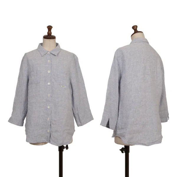 Mademoiselle NON NON Linen 3/4 Sleeve Striped Shirt Blue,White 40L K-173429_001