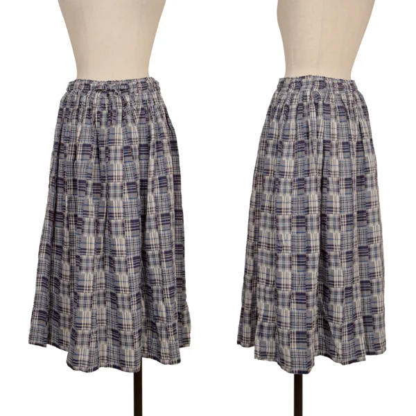 Mademoiselle NON NON Cotton Linen Patchwork Check Skirt Blue,White M-L K-173431_001