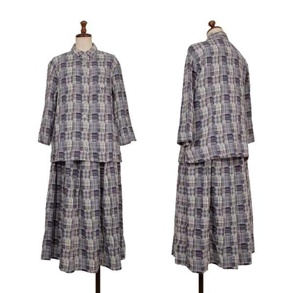 Mademoiselle NON NON Cotton Linen Patchwork Check Shirt & Skirt Blue,White 40L M-L K-173432_001