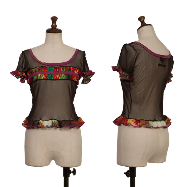 ジャンポールゴルチエファムJean Paul GAULTIER FEMME パワーネットフリル切替デザインTシャツ 黒マルチ40 K-173439_001