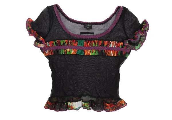 ジャンポールゴルチエファムJean Paul GAULTIER FEMME パワーネットフリル切替デザインTシャツ 黒マルチ40 K-173439_002