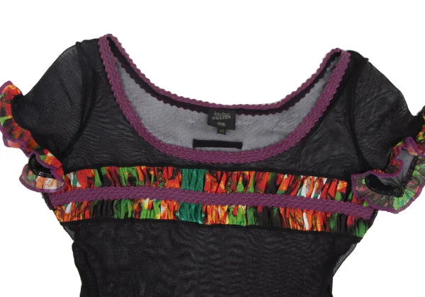 ジャンポールゴルチエファムJean Paul GAULTIER FEMME パワーネットフリル切替デザインTシャツ 黒マルチ40 K-173439_003