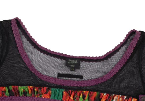 ジャンポールゴルチエファムJean Paul GAULTIER FEMME パワーネットフリル切替デザインTシャツ 黒マルチ40 K-173439_004