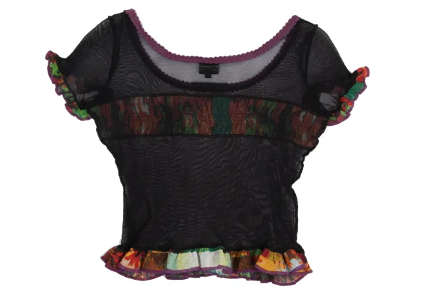 ジャンポールゴルチエファムJean Paul GAULTIER FEMME パワーネットフリル切替デザインTシャツ 黒マルチ40 K-173439_010