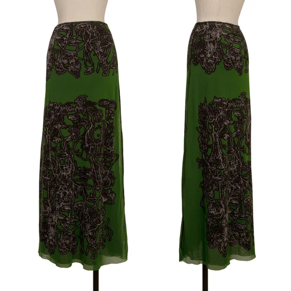 Jean Paul GAULTIER MAILLE FEMME Human Print Mesh Long Skirt Green,Black S K-173446_001