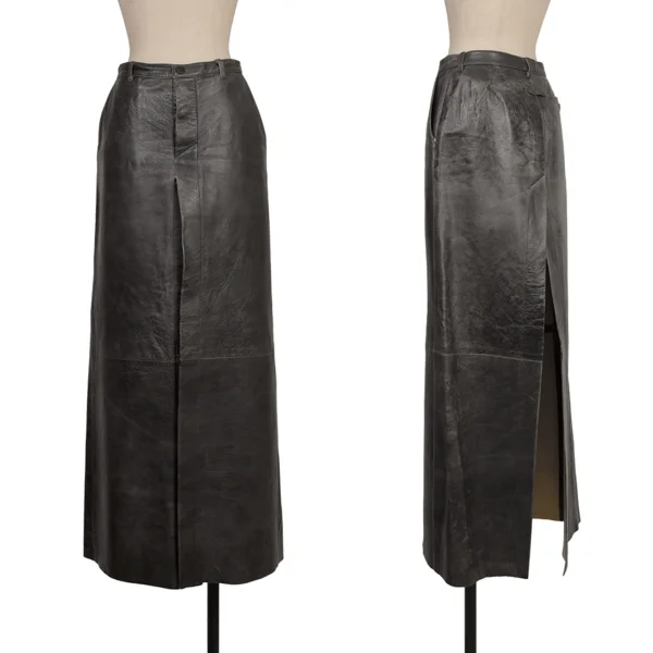 Jean Paul GAULTIER FEMME Crackle Processing Lamb Leather Skirt Charcoal 40 K-173449_001