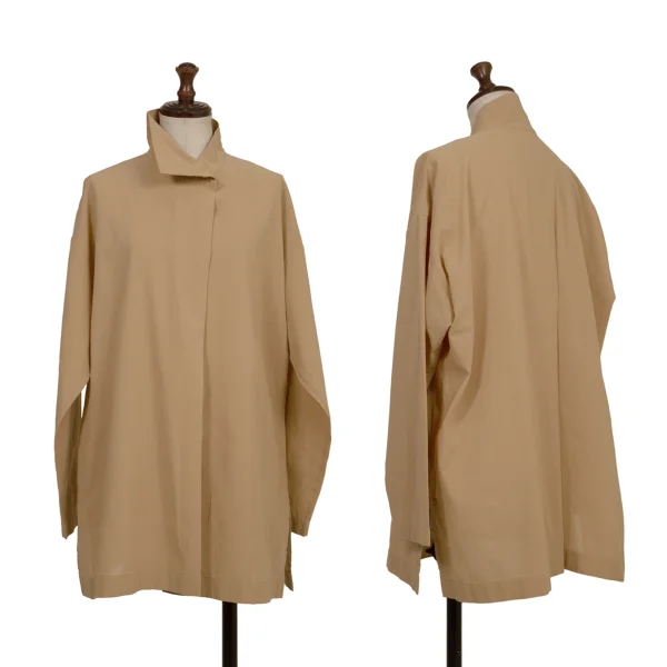 ISSEY MIYAKE PERMANENTE Turn-up Design Stand-collar Blouse Mocha M K-173525_001