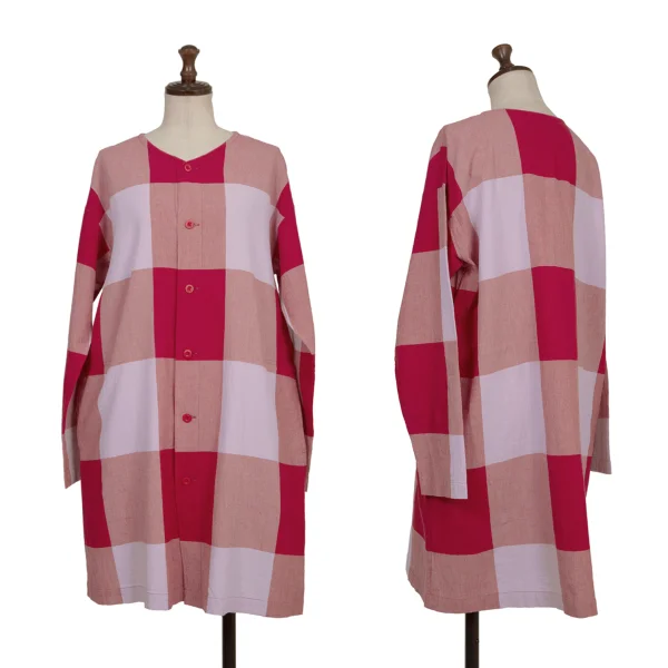 Plantation Block Check Collarless Shirt Tunic Red M K-173534_001