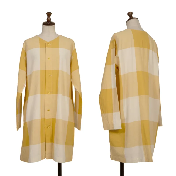 Plantation Block Check Collarless Shirt Tunic Yellow M K-173535_001