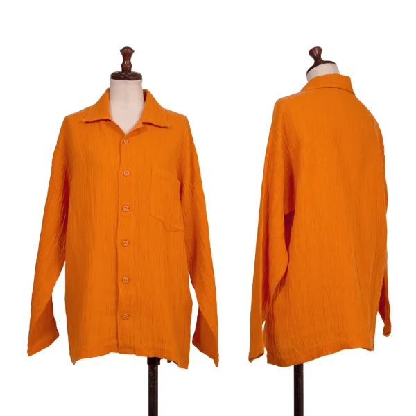Plantation Cotton Linen Wrinkled Pleats Open-collar Shirt Orange M K-173537_001