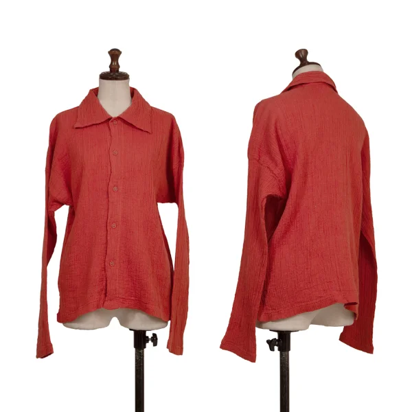 Plantation Dyed Cotton Linen Wrinkled Pleats Big-collar Shirt Red M K-173538_001