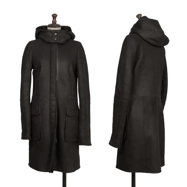 JIL SANDER Detachable Hood Shearling Coat Black 34 K-173543_001