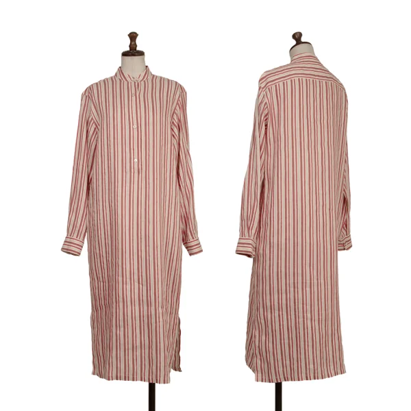 Max Mara Linen Silk Pull Over Stripe SHirt Dress Red 38 K-173557_001