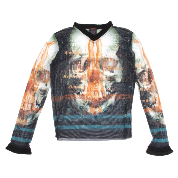 Jean Paul GAULTIER CLASSIQUE Cyber ​​Skull Print Knit Trim Mesh T-shirt Black,Multi-Color 48 K-173571_001